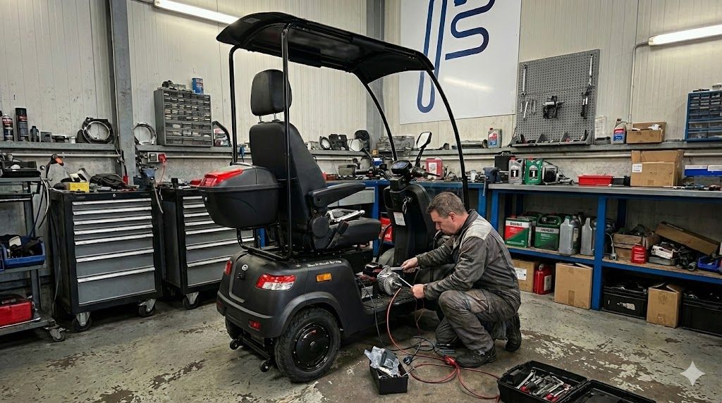 A For Motion mechanic working on a mobility scooter in the workshop in Heerde